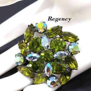 Vintage Regency Green Rhinestone Floral Brooch, Aurora Borealis Prong Set, 1950s